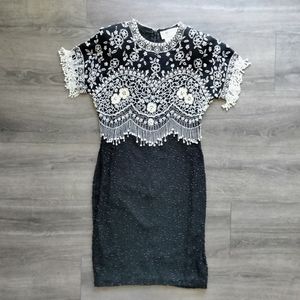 Vintage 1980's Black Tie Oleg Cassini Size 4 Heavily Beaded Sequined Silk Dress